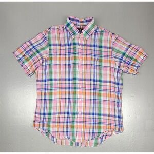 Ralph Lauren Button Up Shirt Mens Large Madras Gras Plaid Linen Pink SS‎